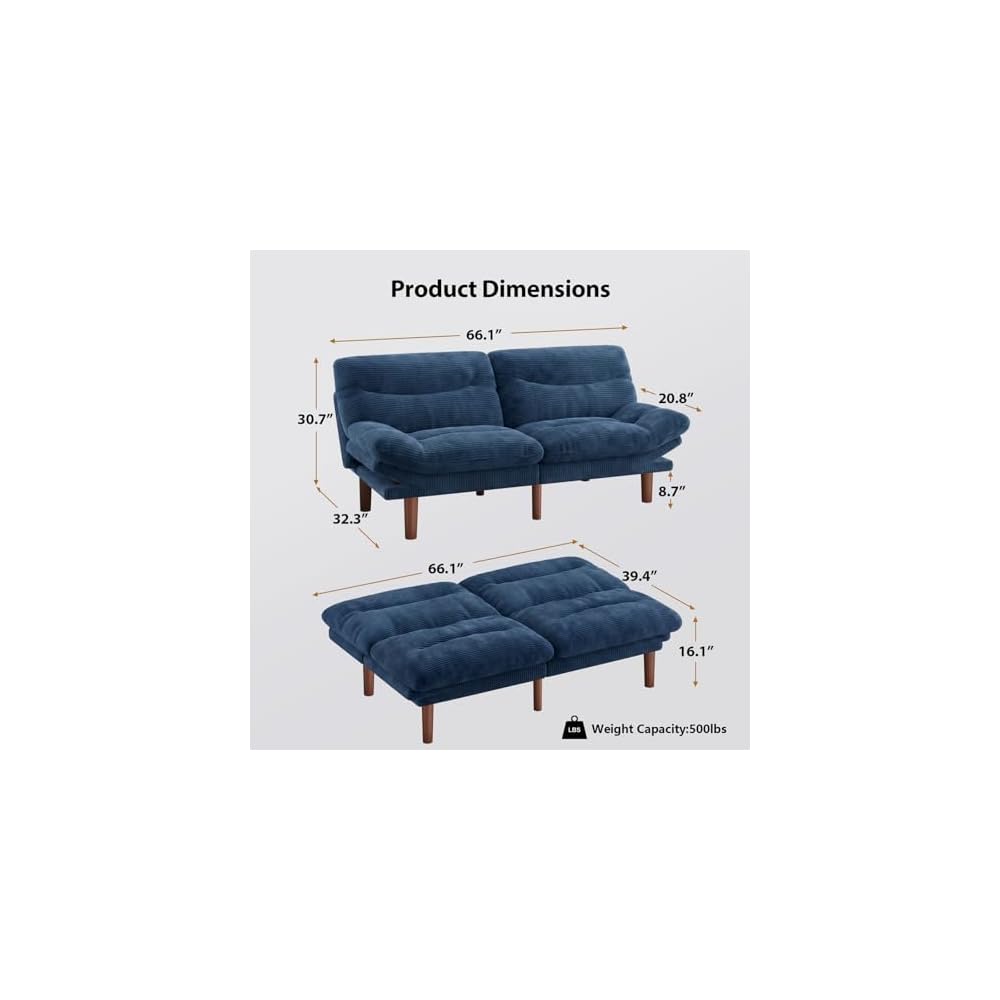 Pipishell 66 inch Convertible Futon Sofa Bed, Corduroy, Blue