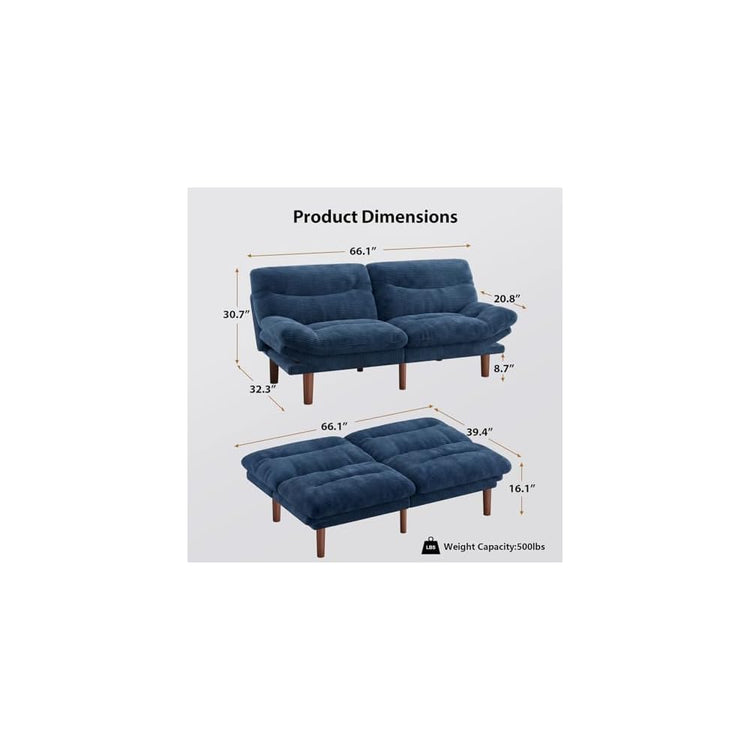 Pipishell 66 inch Convertible Futon Sofa Bed, Corduroy, Blue