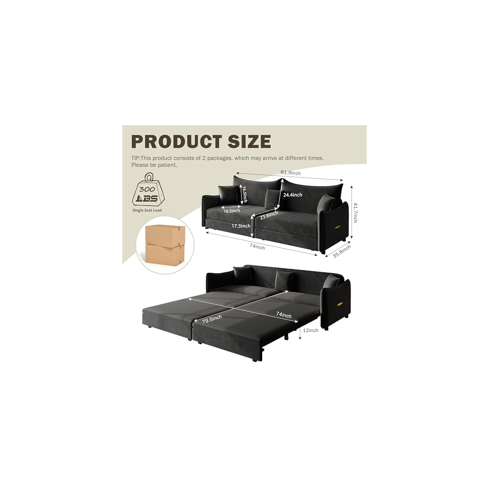 81.9" King Pull Out Sofa Bed, 3-in-1 Velvet Convertible Sleeper Sofa, Black