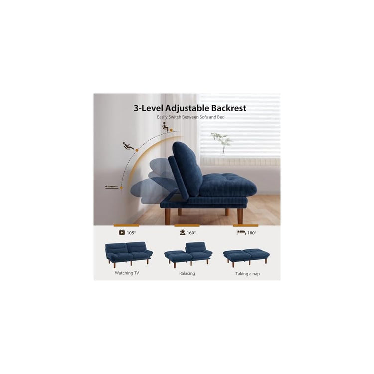 Pipishell 66 inch Convertible Futon Sofa Bed, Corduroy, Blue