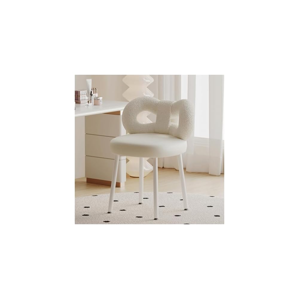 Modern Vanity Chair, Upholstered Faux Leather Vanity Chair Stool 360° Swivel Accent Chair with Cute Bow Backrest for Bedroom Living Room, White