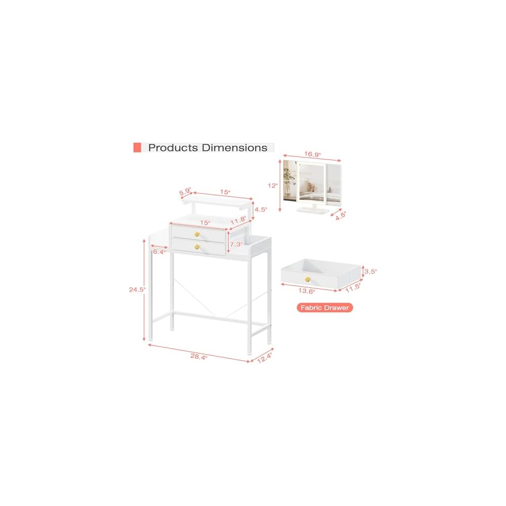 HIGDBFE Vanity Desk with Mirror and Lights 28.4''W Small Makeup Vanity