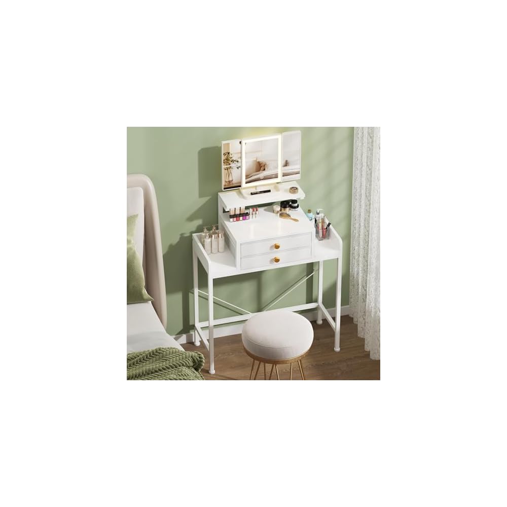 HIGDBFE Vanity Desk with Mirror and Lights 28.4''W Small Makeup Vanity
