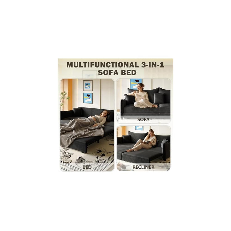 81.9" King Pull Out Sofa Bed, 3-in-1 Velvet Convertible Sleeper Sofa, Black