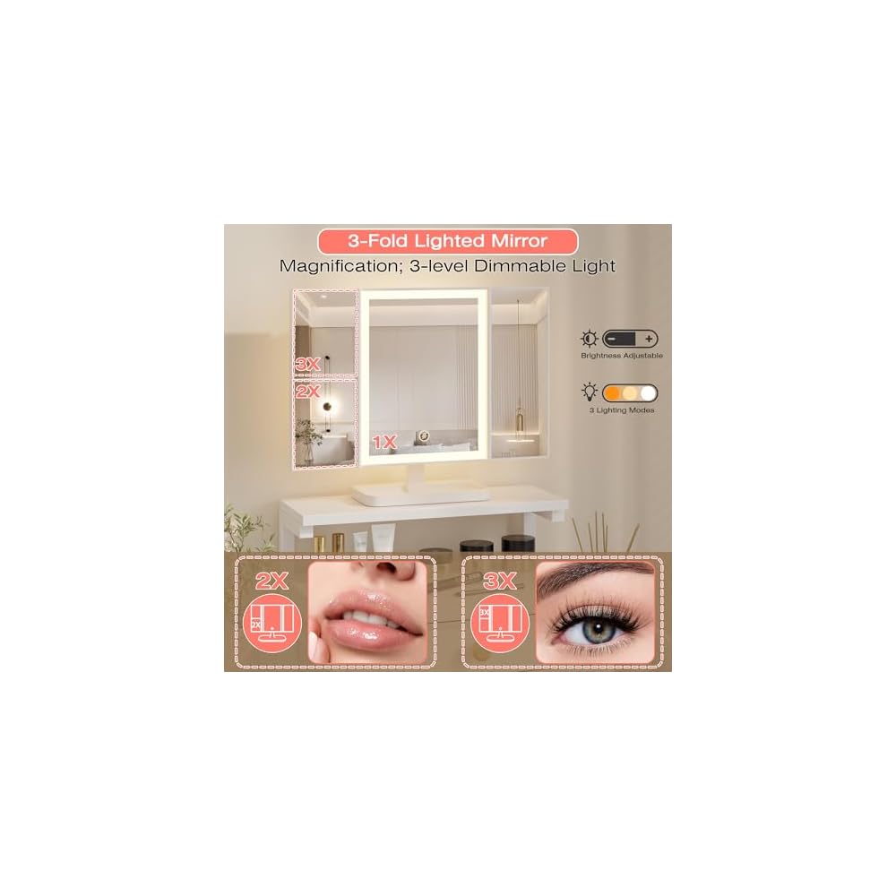 HIGDBFE Vanity Desk with Mirror and Lights 28.4''W Small Makeup Vanity