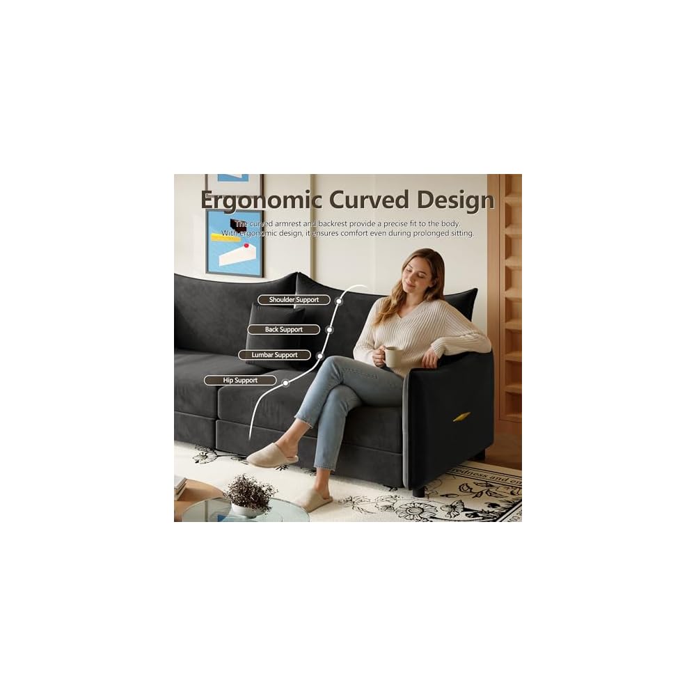 81.9" King Pull Out Sofa Bed, 3-in-1 Velvet Convertible Sleeper Sofa, Black