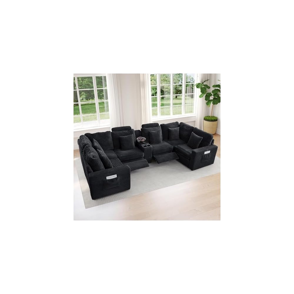 Power Recliner Sectional Sofa, U Shaped Couch with 2 Recliners and Console