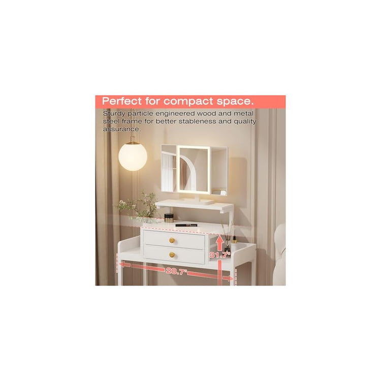 HIGDBFE Vanity Desk with Mirror and Lights 28.4''W Small Makeup Vanity