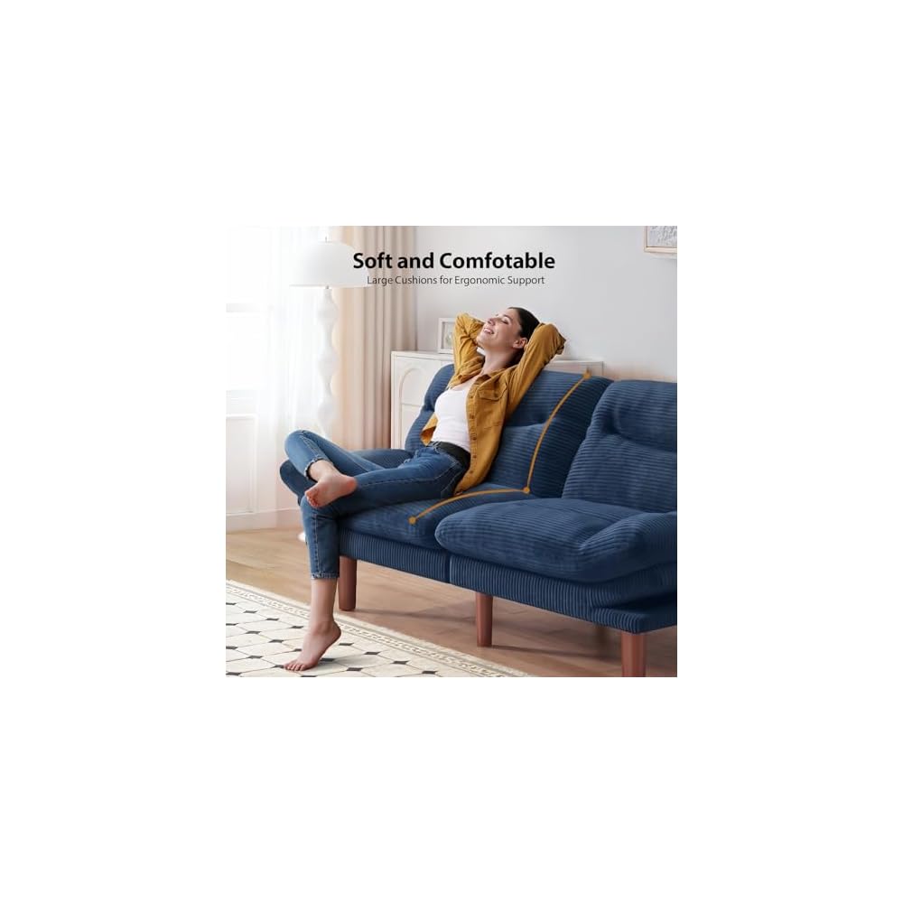 Pipishell 66 inch Convertible Futon Sofa Bed, Corduroy, Blue