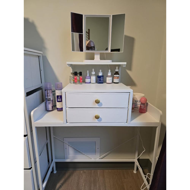 HIGDBFE Vanity Desk with Mirror and Lights 28.4''W Small Makeup Vanity