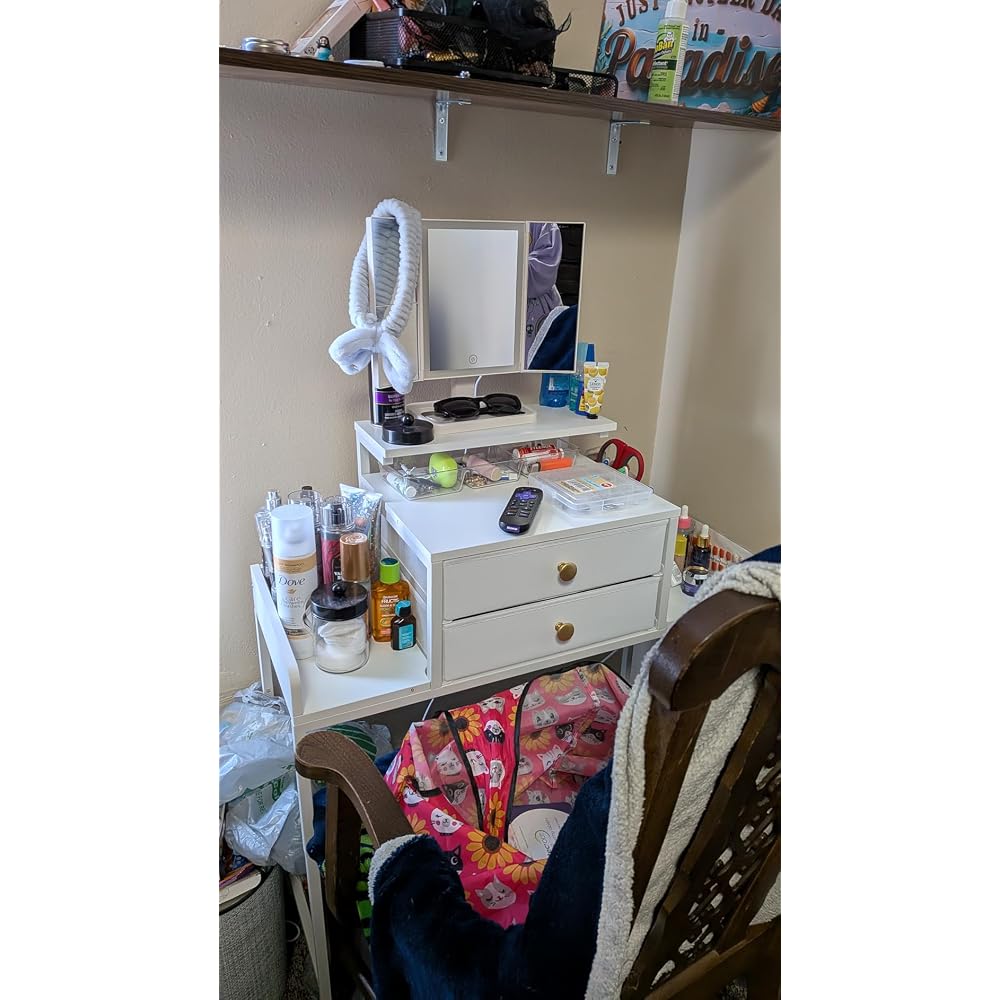 HIGDBFE Vanity Desk with Mirror and Lights 28.4''W Small Makeup Vanity