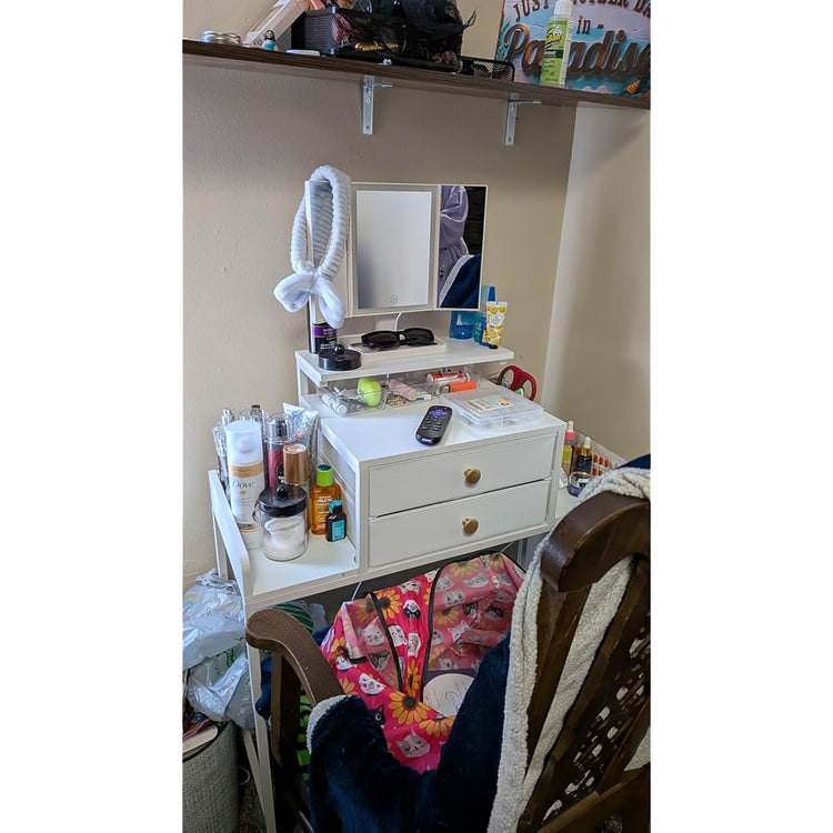 HIGDBFE Vanity Desk with Mirror and Lights 28.4''W Small Makeup Vanity