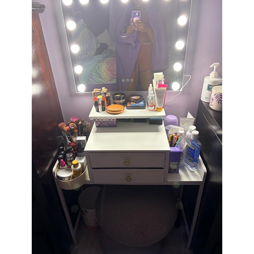 HIGDBFE Vanity Desk with Mirror and Lights 28.4''W Small Makeup Vanity
