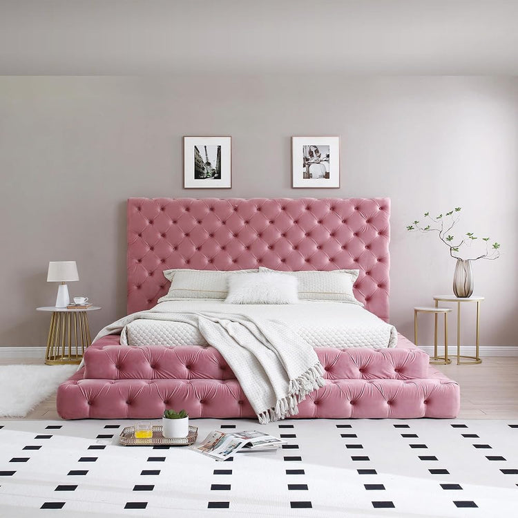 Better Home Products Eleonora Queen Size Velvet Upholstered Bed with Deep Button Tufting (Pink, King)