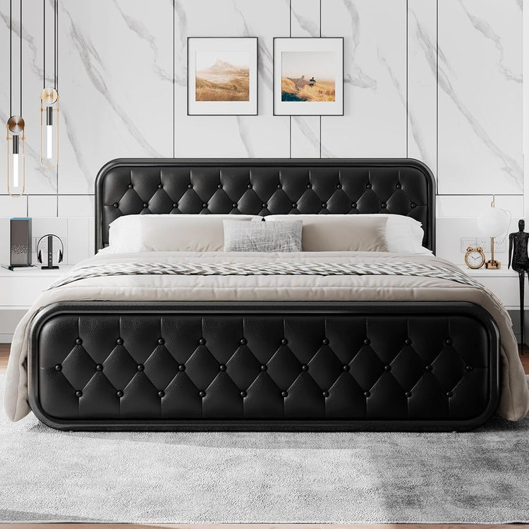 Einhomn King Size Bed Frame, Upholstered Bed with Button Tufted Leather Headboard and Footboard, Metal U-Shape Support Foundation, No Box Spring Required, Black
