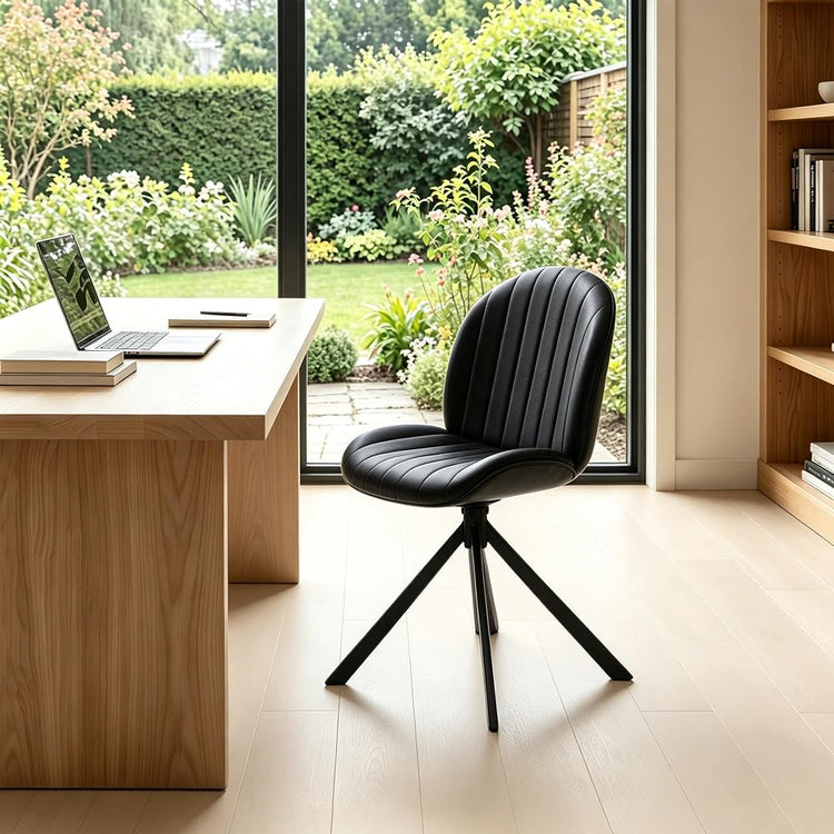 Leather Desk Chair No Wheels, Modern Armless Vanity Chair for Girls Comfy Swivel Office Chair with Curved Back Task Chair for Home Office, Bedroom, Living Room, Black PU
