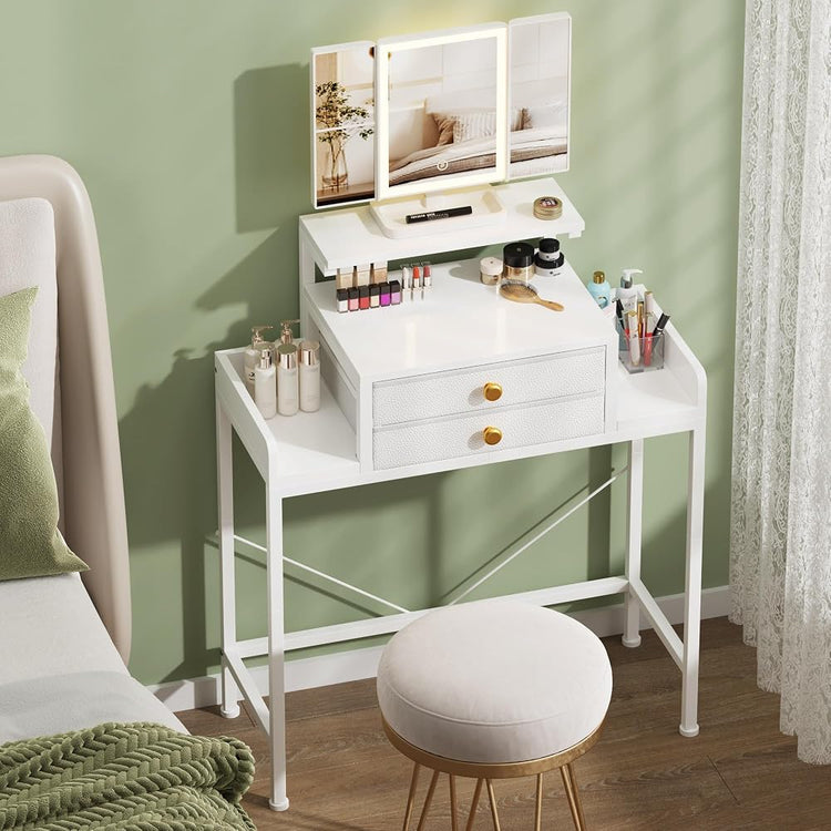 HIGDBFE Vanity Desk with Mirror and Lights 28.4''W Small Makeup Vanity