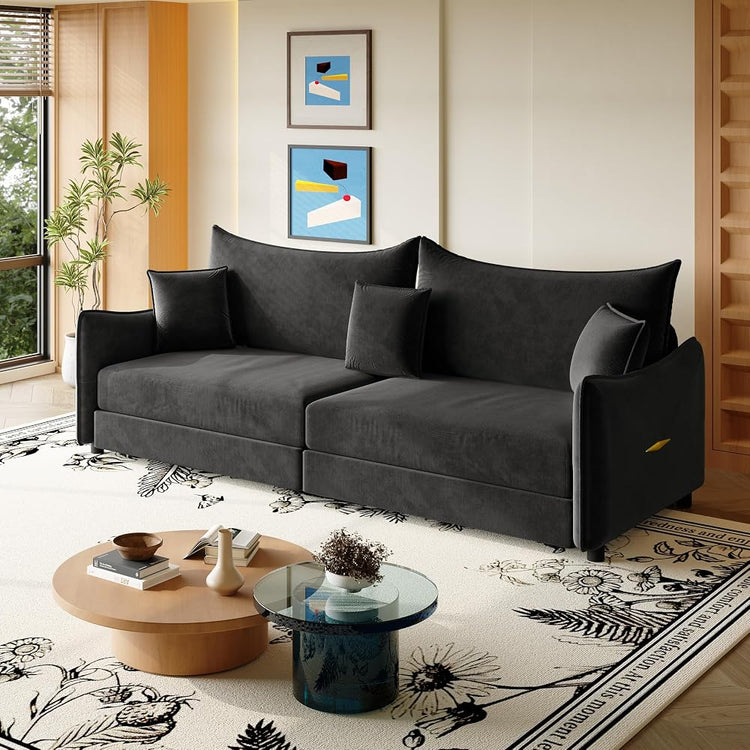 81.9" King Pull Out Sofa Bed, 3-in-1 Velvet Convertible Sleeper Sofa, Black